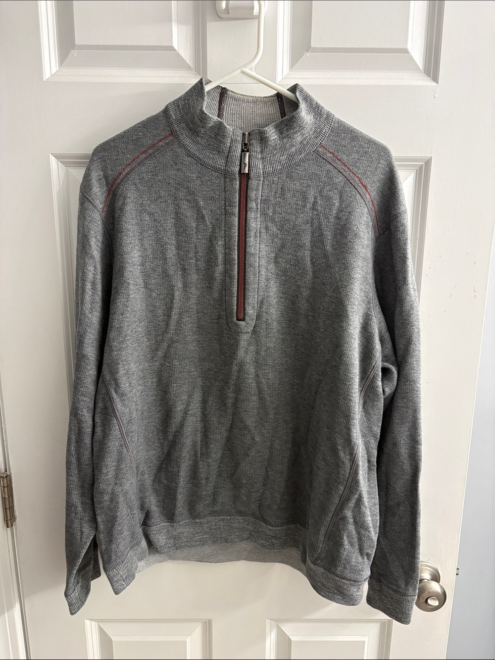 Tommy Bahama Heather Gray Quarter-Zip Sweater with Red Accent